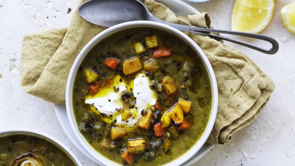 Roasted vegetable and lentil soup.