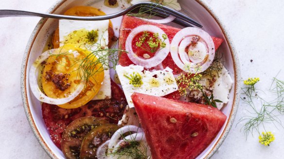 Tomato, watermelon and feta salad with wild fennel flowers (pictured right).