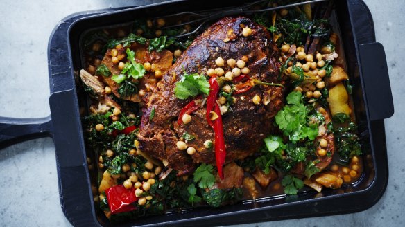 Karen Martini's slow-cooked pork shoulder with chickpeas, orange, tomato and harissa.