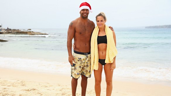 Maddi Blomberg with her long-time partner Kurtley Beale. Fairfax Media understands Lethlean's brief relationship was with former AFL Auskick staffer Blomberg.