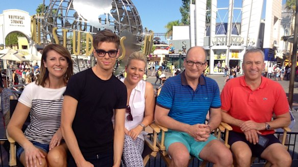 The <i>Sunrise</i> team in 2014, visiting Universal Studios: Natalie Barr, executive producer Michael Pell, Samantha Armytage, David Koch and Mark Beretta.