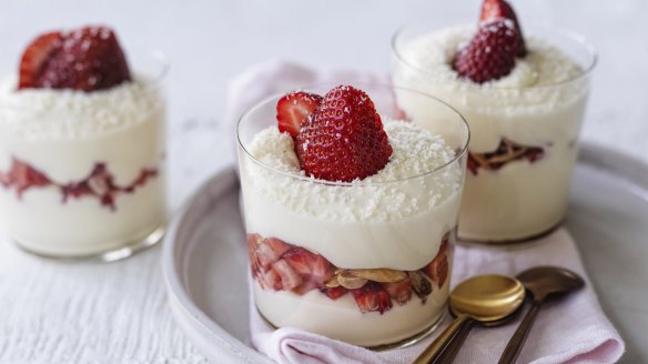 White chocolate, ricotta and strawberry parfait.