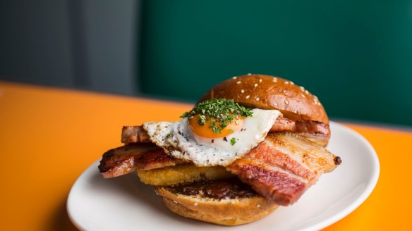 Breakfast burger with bacon served at Matinee Coffee in Marrickville. 