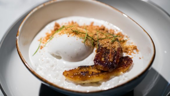 Che chuoi ngu nuong - banana, coconut milk tapioca, coconut sorbet.