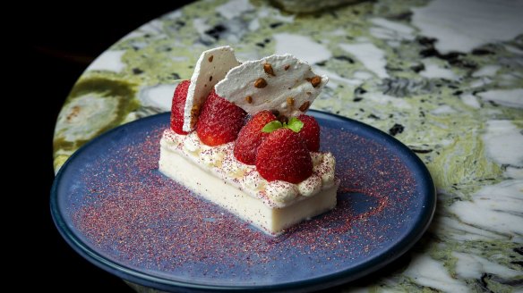 Layali luban (Nights of Lebanon) sees semolina rose pudding dressed up with pistachio meringue and summer berries.