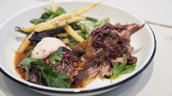 Slow roast lamb with two salads.