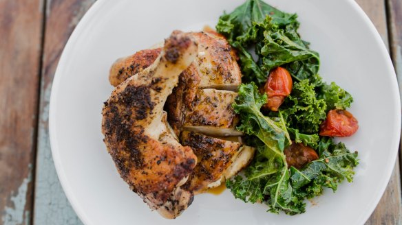 Saskia Beer organic roast chicken with kale and anchovy.