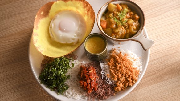 Hip Hopper: a brunchy tasting plate featuring an egg hopper, string hopper, curry (fish, chicken or veg) and condiments.