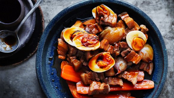 Pork belly, carrots and red shallots braised in red master stock (eggs optional).