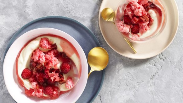 Poached rhubarb, raspberries, yoghurt and rose granita.