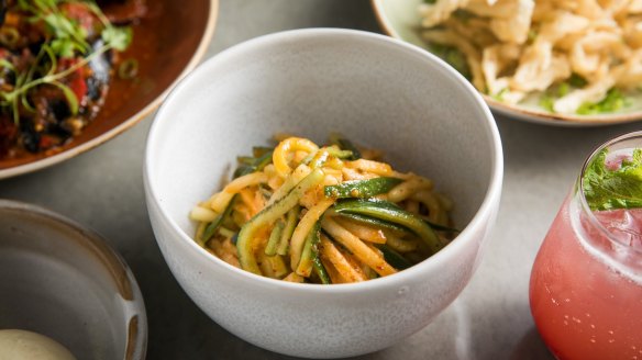 Pear and cucumber slaw is cooling in an almost Korean way.