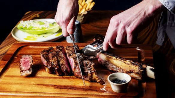 Collinson & Co grass-fed tomahawk steak with chips.