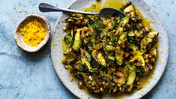Green and gold: Grilled, marinated zucchini topped with bottagra.