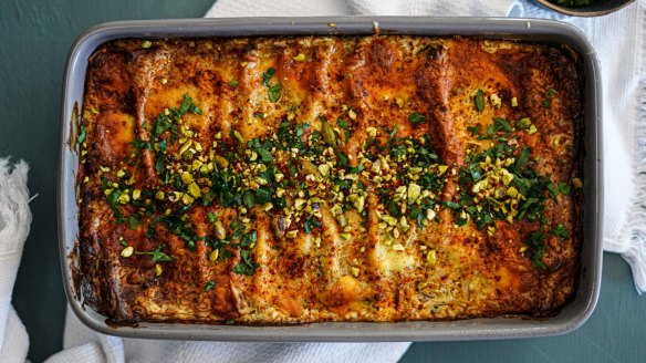 Strained yoghurt (labna), zaatar and aleppo pepper add a Middle Eastern twist to vegetarian lasagne.