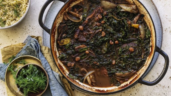 Braised lamb chops pictured with buttered risoni pasta and dill.