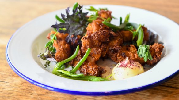 Saltbush and pepperberry crocodile with lemon aspen aioli.