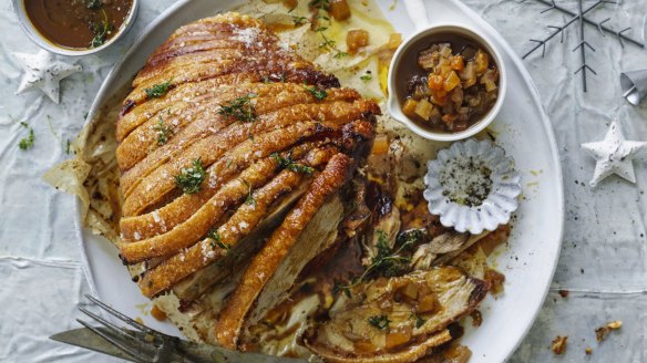 Roast crackling pork with mustard gravy and summer fruit chutney.