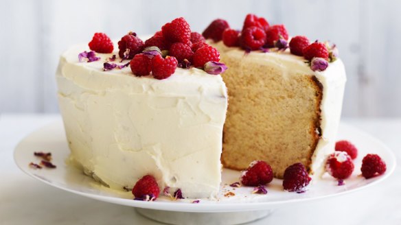 Helen Goh's showstopping lemon and rose petal chiffon cake with white chocolate cream icing and raspberries <a href="https://www.goodfood.com.au/recipes/lemon-and-rose-chiffon-cake-with-white-chocolate-cream-icing-20180309-h0x9m5"><b>(Recipe here)</b></a>.