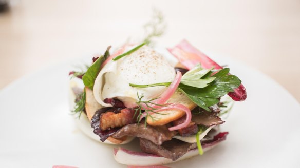 Grilled ox heart Lyonnaise salad at Northern Ground, Bairnsdale.