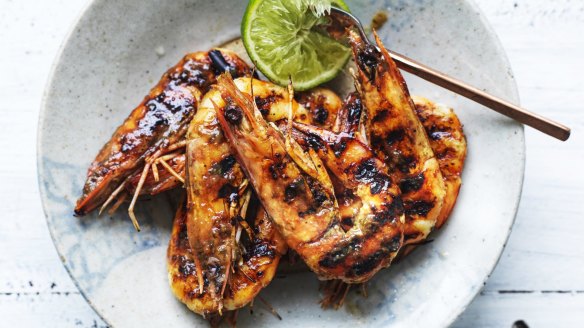 Sour tamarind and fragrant makrut lime are perfect marinade ingredients for prawns and other seafood. Serve the prawns with a squeeze of fresh lime, too.