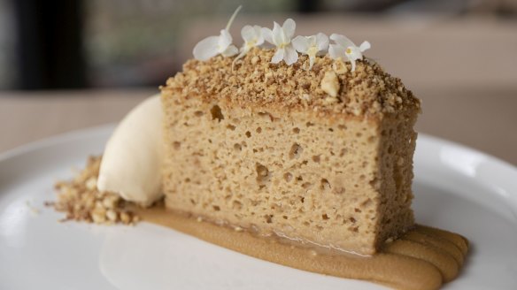 Vietnamese caramel tres leches, miso caramel, Chinese almond cookie and soy sauce ice-cream.