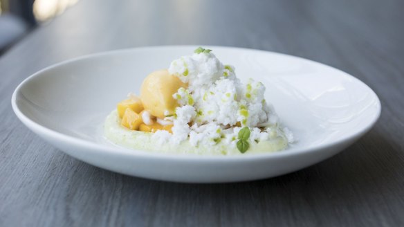 Coconut ice, pandan cream, mango sorbet, young coconut and diced mango.