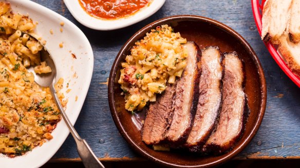 Frank Camorra's barbecued beef brisket served with macaroni cheese.