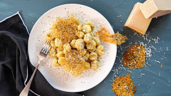 Cacio e pepe (cheese and pepper) gnocchi with cacio e pepe crisps.