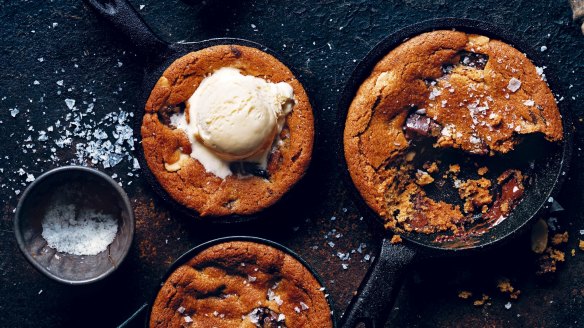 Salted peanut butter and choc-chip skillet cookies. 