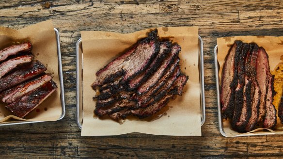 Texas-style barbecue pork (left) and brisket.