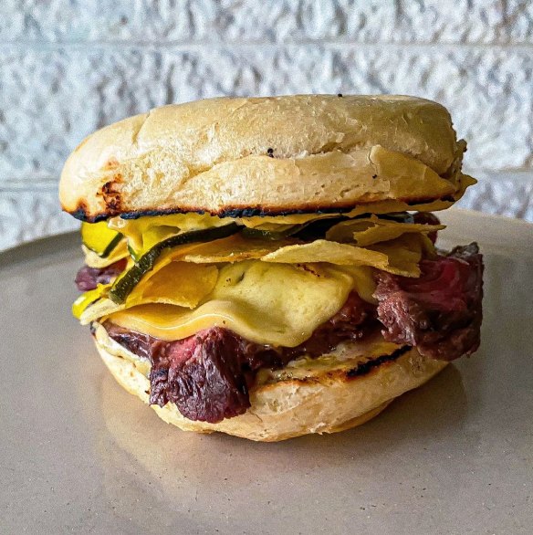 Comma's hanger steak bagel.