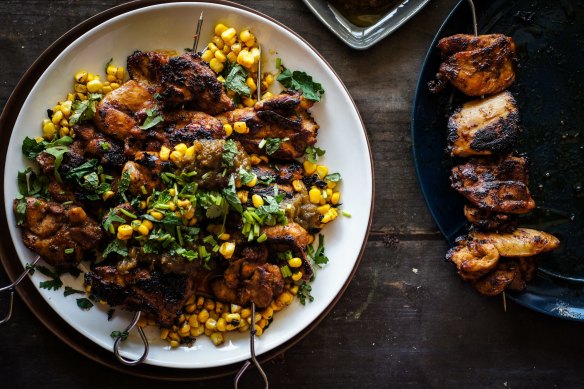 Chicken skewers with jalapeno jam and corn. Footy food recipes for Good Food September 2018. Please credit Katrina Meynink.