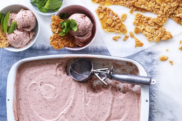 No-churn roasted strawberry and mint ice-cream with almond brittle.