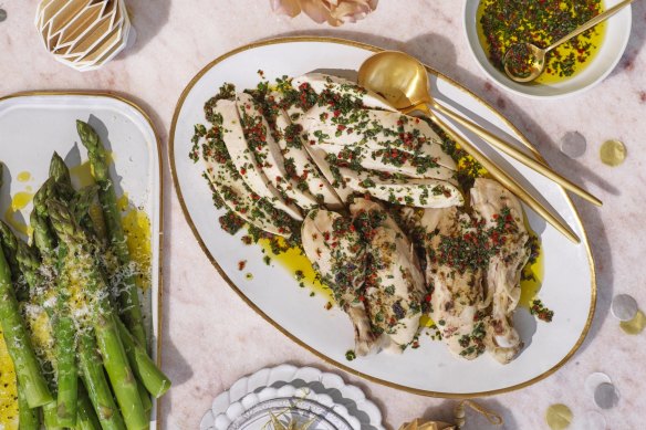 Salt-crust chicken with salmoriglio.