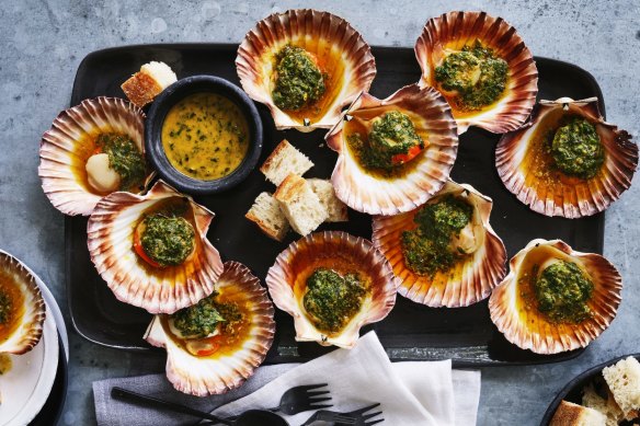 Adam Liaw's grilled scallops with herb butter.