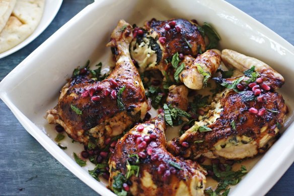 Butterflied roast chicken with herb and haloumi stuffing.