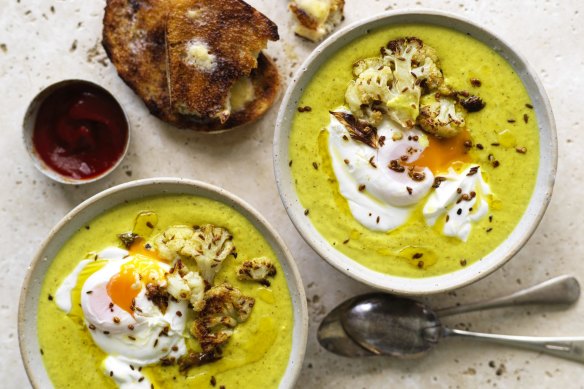 Roasted cauliflower and turmeric soup with yoghurt and poached egg.
