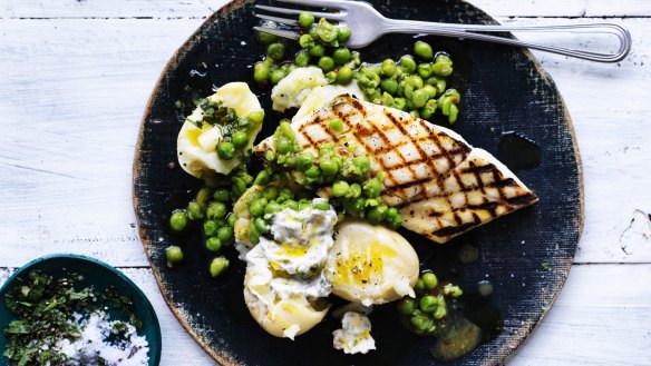 Barbecued blue-eye with tarragon tartare sauce with crushed green peas and boiled new potatoes. 