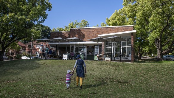 The cafe adjoins a spacious park.