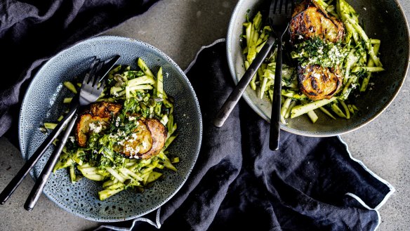 Slow-roasted celeriac steaks with pear salad and quick herb gremolata.