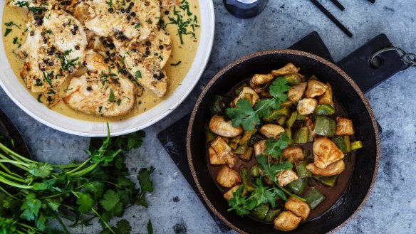 Chicken escaplopes with green peppercorn cream sauce and wok-fried chicken with capsicum and black vinegar. 