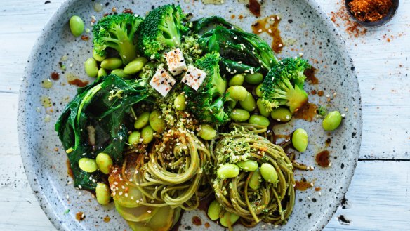 Eat your greens: Green tea noodle bowl with broccoli and edamame.