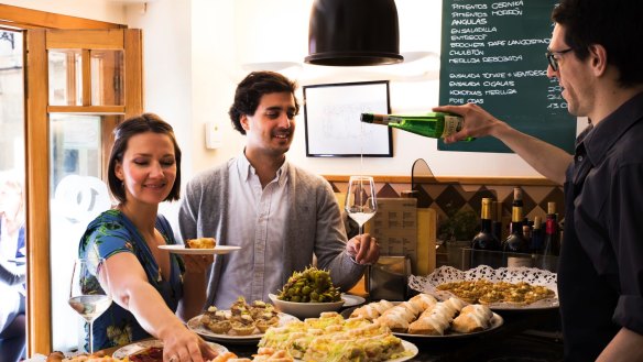Pintxos and txakoli tasting in San Sebastian's old town.