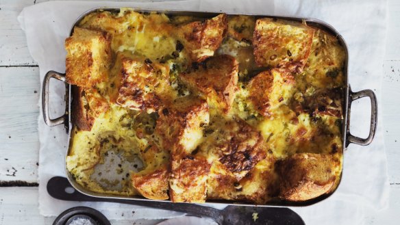 Sourdough cheese and spring onion strata. 