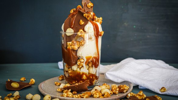 Miso caramel sundae with miso caramel popcorn and chocolate bark.