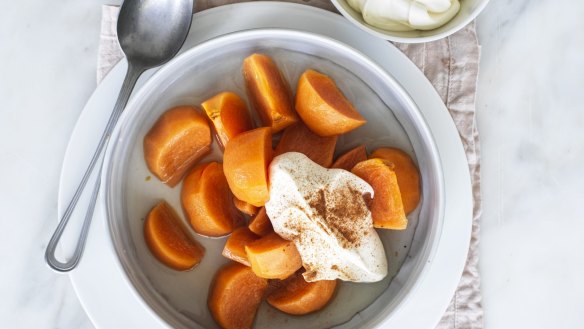 Stewed persimmons and mascarpone cream.