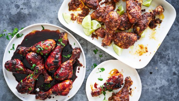 Adam Liaw's glazed  (left) and jerked chicken drumstick recipes.