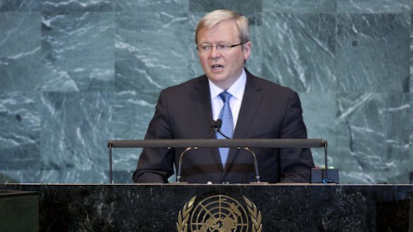 Former prime minister Kevin Rudd addresses the United Nations, while PM, in 2009.