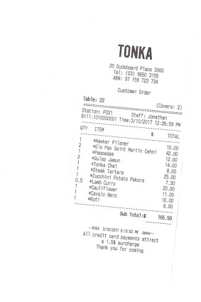 Receipt for lunch with Eddie Ayres at Tonka, October 3, 2017.