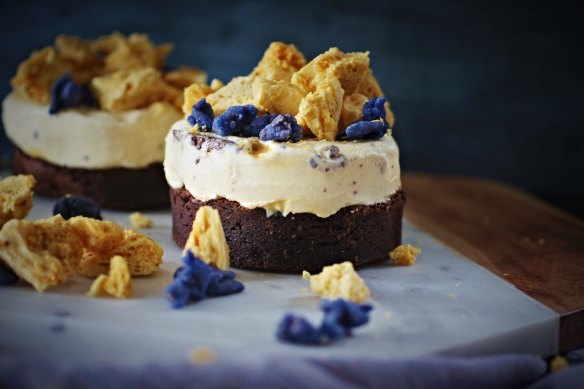 Individual violet crumble ice-cream cakes.